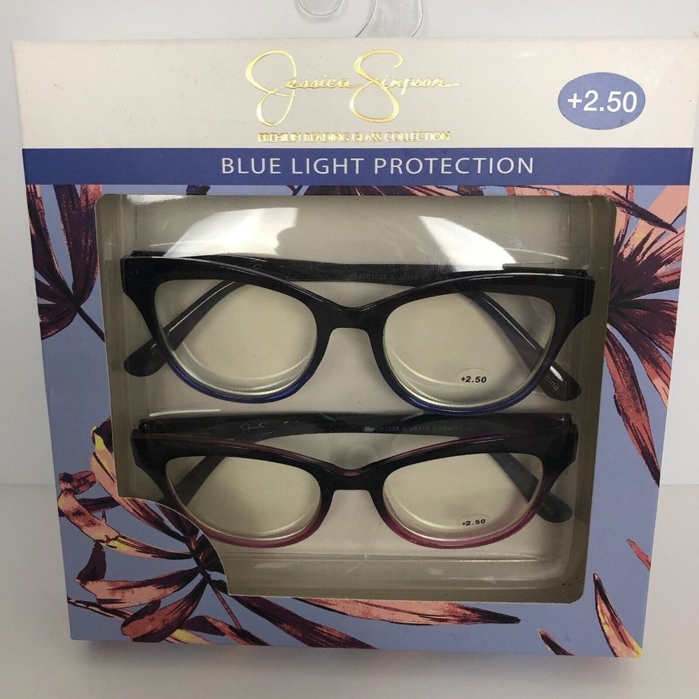 NEW Jessica Simpson Blue Light Blocking Glasses Cat Eye Black Blue Pink +2.50
